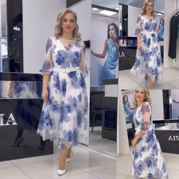 Elegantiška ir kokybiška laisvo kritimo gėlėta suknelė