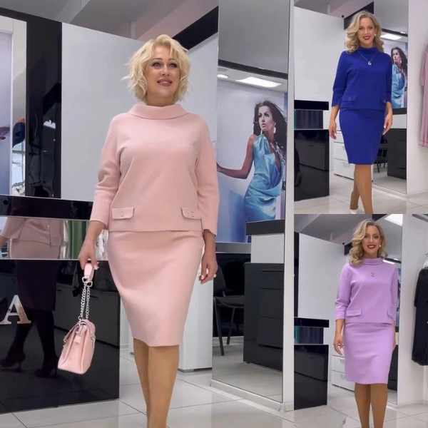 Madingas kostiumėlis su užtraukiama palaidine ir aptemptu sijonu
