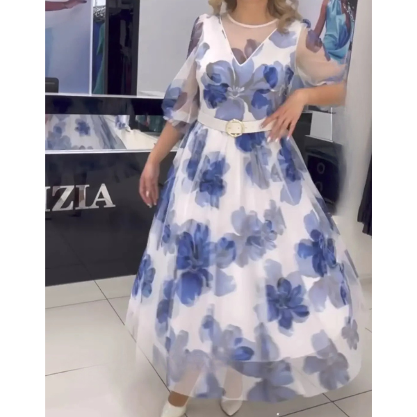 Elegantiška ir kokybiška laisvo kritimo gėlėta suknelė