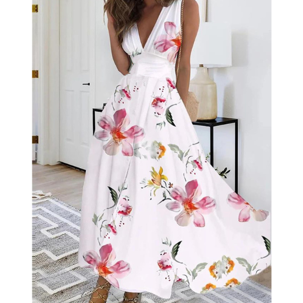 Elegantiška gėlėta moteriška suknelė be rankovių