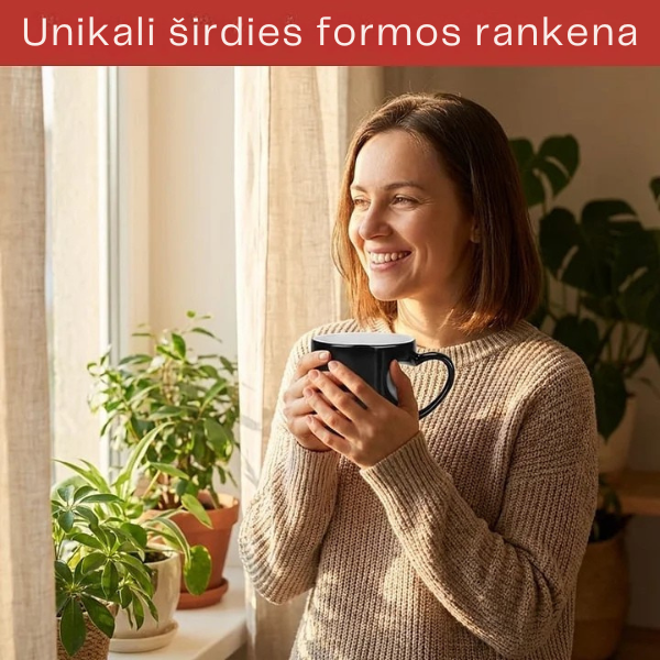 Magiškas spalvą keičiantis keramikinis puodelis su širdies rankena