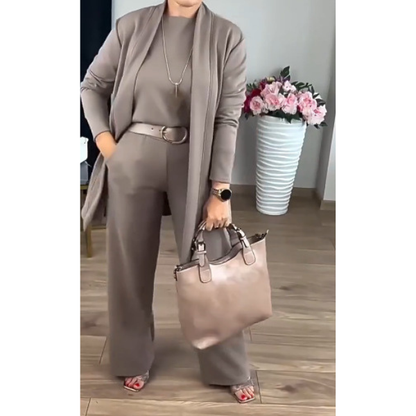 Elegantiškas 3 dalių komplektas su kardiganu, palaidine ir kelnėmis