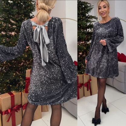 Aksominė puošni blizgučių suknelė su kaspinu