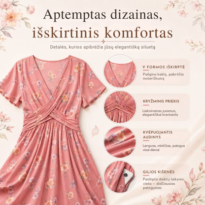 Moteriška gėlėta suknelė su liemens akcentu