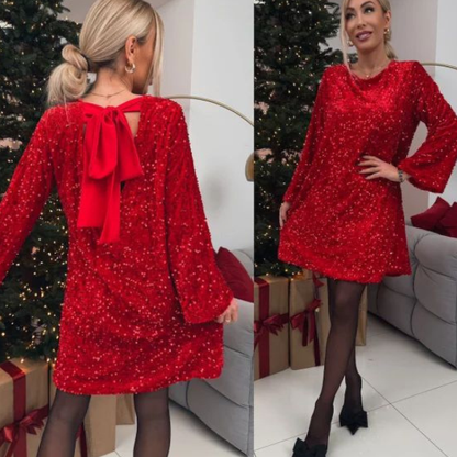 Aksominė puošni blizgučių suknelė su kaspinu