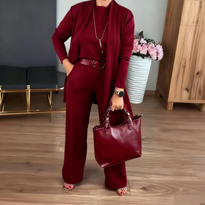 Elegantiškas 3 dalių komplektas su kardiganu, palaidine ir kelnėmis