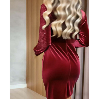 Seksuali veliūrinė suknelė su V iškirpte ir blizgučiais
