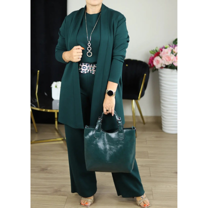 Elegantiškas 3 dalių komplektas su kardiganu, palaidine ir kelnėmis