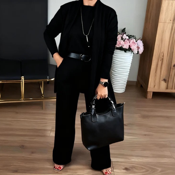 Elegantiškas 3 dalių komplektas su kardiganu, palaidine ir kelnėmis