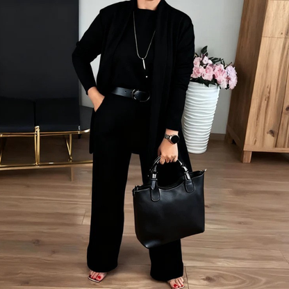 Elegantiškas 3 dalių komplektas su kardiganu, palaidine ir kelnėmis