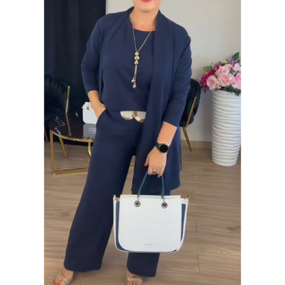 Elegantiškas 3 dalių komplektas su kardiganu, palaidine ir kelnėmis