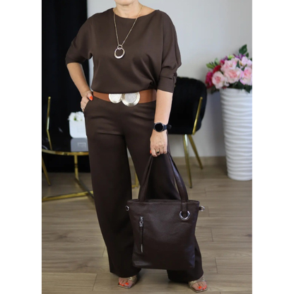 Elegantiškas 3 dalių komplektas su kardiganu, palaidine ir kelnėmis