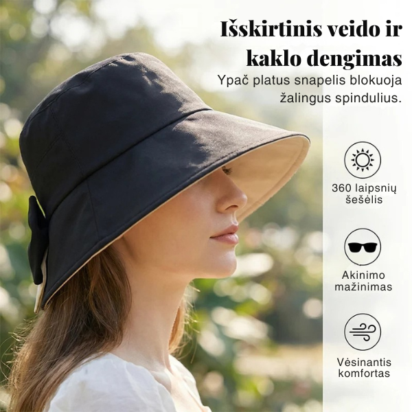 Vasariška skrybėlė plačiu kraštu ir dekoratyviniu kaspinu