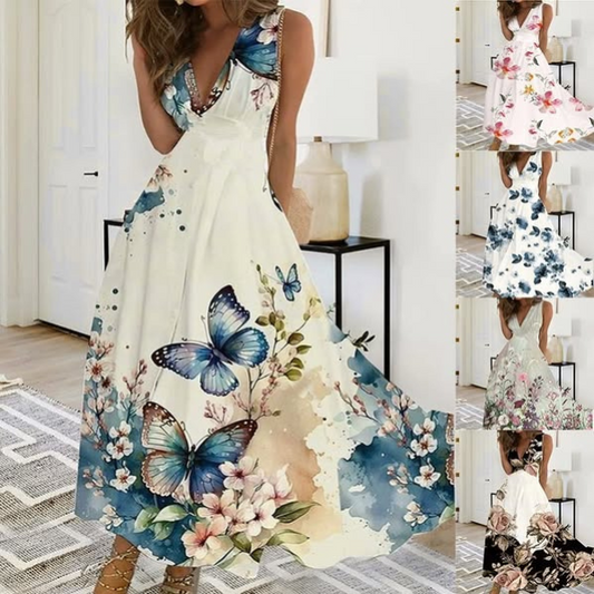 Elegantiška gėlėta moteriška suknelė be rankovių