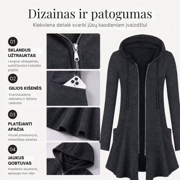 Moteriškas vidutinio ilgio paltukas su gobtuvu
