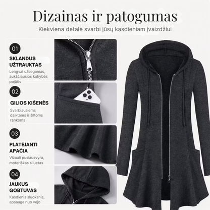 Moteriškas vidutinio ilgio paltukas su gobtuvu