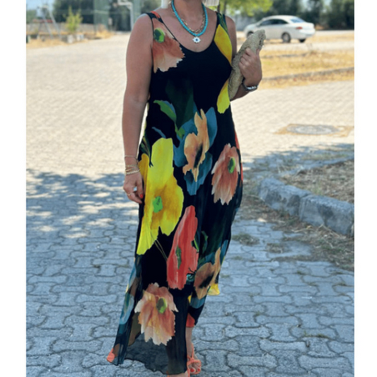 Gėlėta šilkinė ilga suknelė