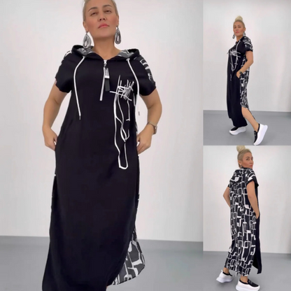 Ilga kasdienė suknelė su kapišonu ir užtrauktuku