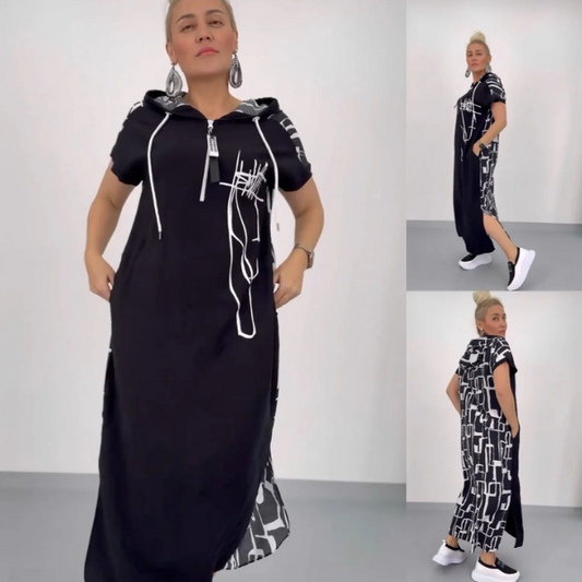Ilga kasdienė suknelė su kapišonu ir užtrauktuku