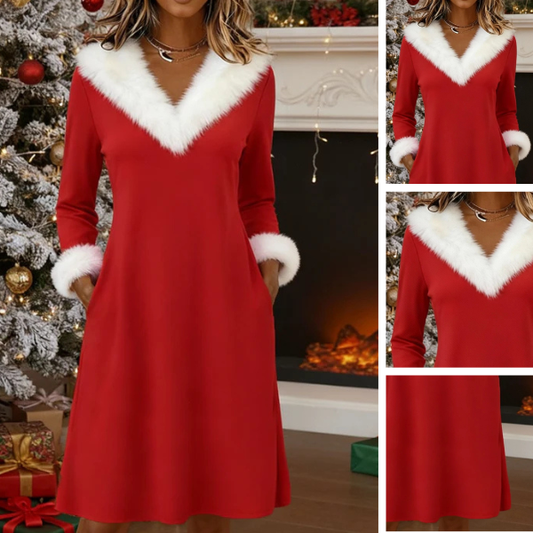 Kalėdinė suknelė su pūkuota V iškirpte ir rankovėmis