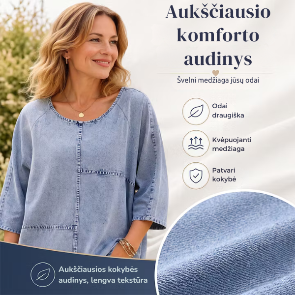Moteriška mėlyna palaidinė su džinsinio audinio efektu
