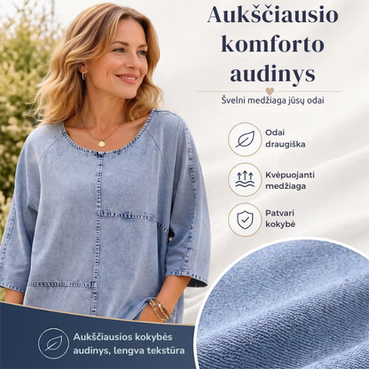 Moteriška mėlyna palaidinė su džinsinio audinio efektu