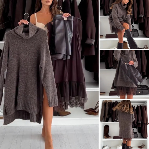 Dviejų dalių megztinio ir suknelės komplektas su nėriniais