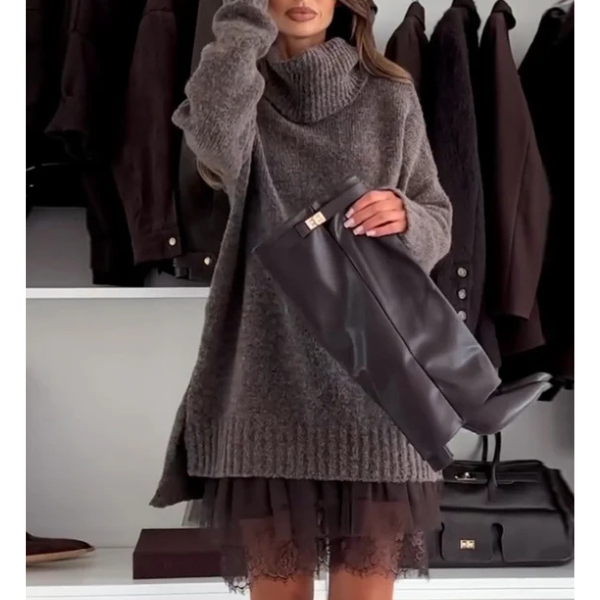 Dviejų dalių megztinio ir suknelės komplektas su nėriniais