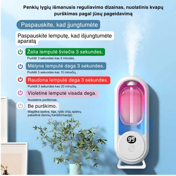 Automatinis kvapų difuzorius su laikmačiu ir LED apšvietimu