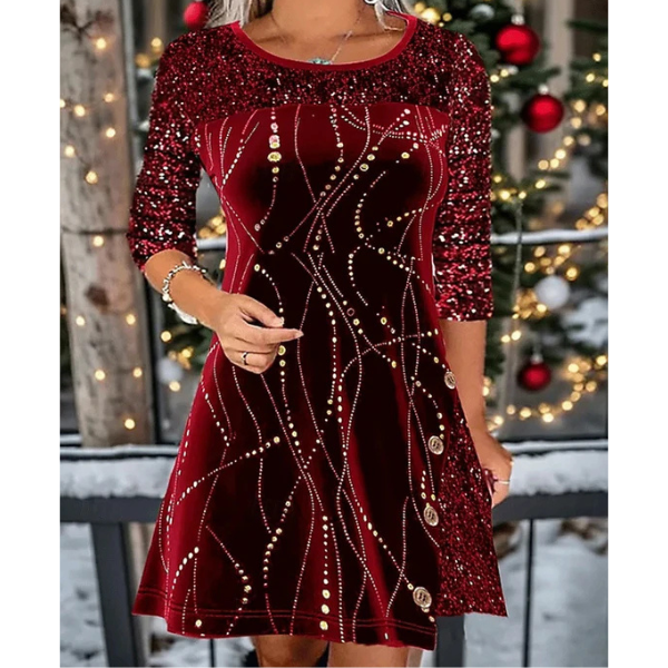 Velvetinė suknelė su blizgiomis detalėmis ir 3/4 rankovėmis