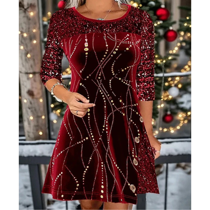 Velvetinė suknelė su blizgiomis detalėmis ir 3/4 rankovėmis
