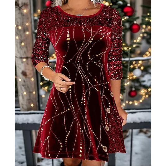 Velvetinė suknelė su blizgiomis detalėmis ir 3/4 rankovėmis