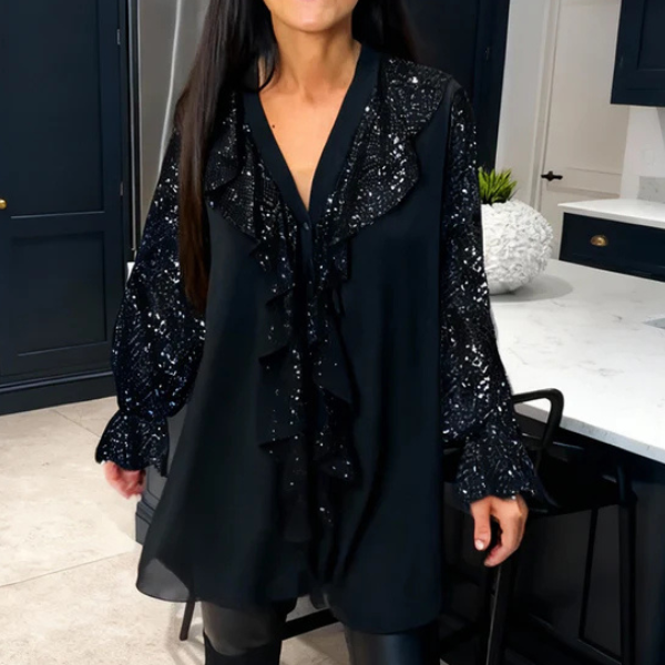 Blizgi laisvo stiliaus palaidinė su plačiomis rankovėmis