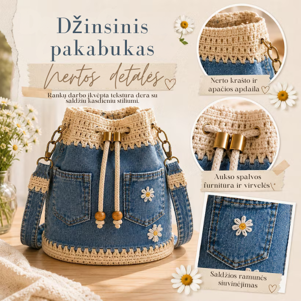 Nerta džinsinė kibirėlio formos rankinė