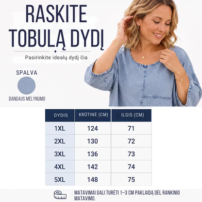 Moteriška mėlyna palaidinė su džinsinio audinio efektu