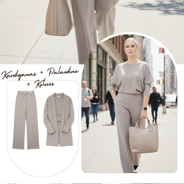 Elegantiškas 3 dalių komplektas su kardiganu, palaidine ir kelnėmis