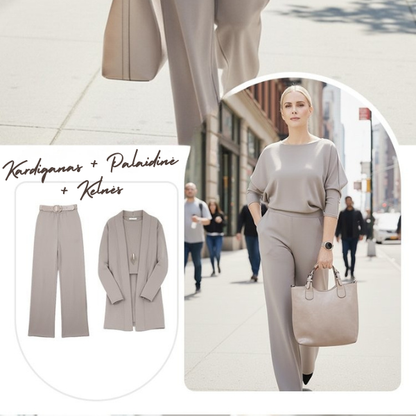 Elegantiškas 3 dalių komplektas su kardiganu, palaidine ir kelnėmis