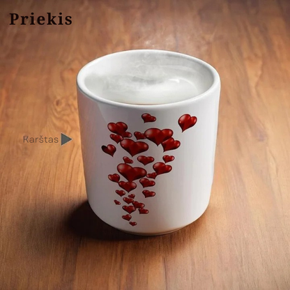 Magiškas spalvą keičiantis keramikinis puodelis su širdies rankena