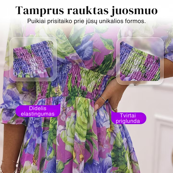 Moteriška vasariška suknelė su gėlių raštu