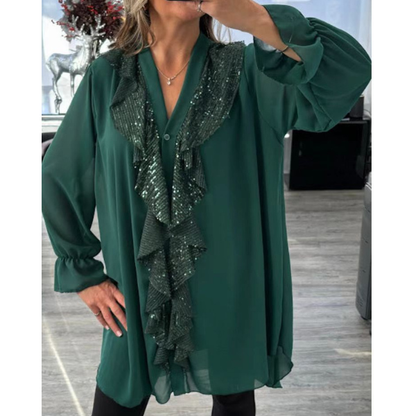 Blizgi laisvo stiliaus palaidinė su plačiomis rankovėmis