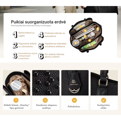 Elegantiška talpi rankinė su 3 skyriais