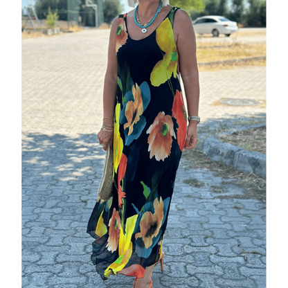 Gėlėta šilkinė ilga suknelė