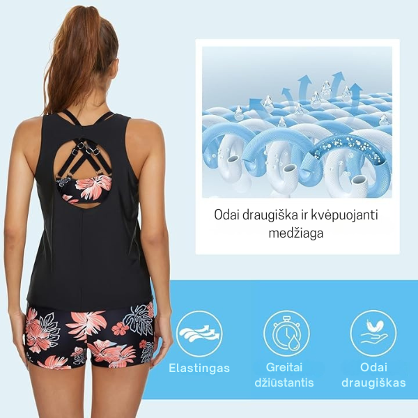 3 dalių maudymosi kostiumėlis su šortais ir laisva palaidine