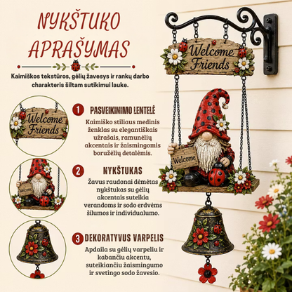 Namų dekoracija - nykštukas ant supynės su varpeliu
