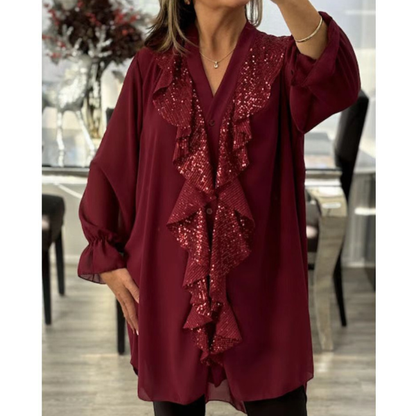 Blizgi laisvo stiliaus palaidinė su plačiomis rankovėmis