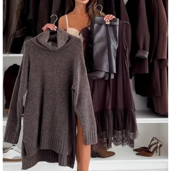 Dviejų dalių megztinio ir suknelės komplektas su nėriniais