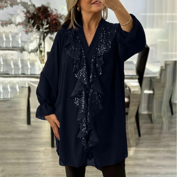 Blizgi laisvo stiliaus palaidinė su plačiomis rankovėmis