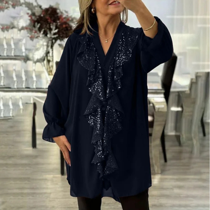 Blizgi laisvo stiliaus palaidinė su plačiomis rankovėmis