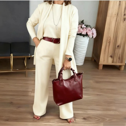 Elegantiškas 3 dalių komplektas su kardiganu, palaidine ir kelnėmis