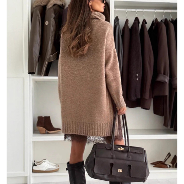 Dviejų dalių megztinio ir suknelės komplektas su nėriniais